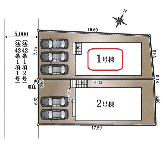 清瀬市下清戸1丁目・全2棟　新築一戸建　1号棟の区画図|【全2棟・1号棟】カースペース並列3台可能。