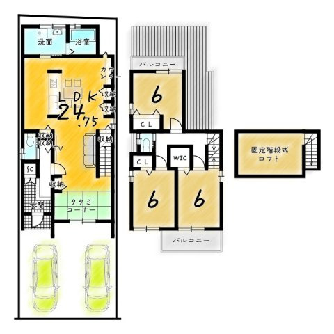上京区硯屋町の参考プラン|【新築参考プラン】ZEH水準省エネ住宅♪
建物価格2750万円、建物面積103.07m2
建築確認申請費用120万円・外構費用130万円・住宅省エネルギー性能証明書発行費用11万円別途要（※全て税込）