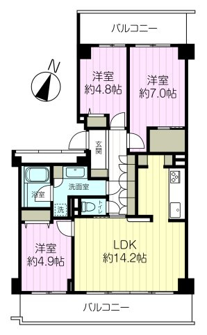 メゾン岡本南の間取り|3LDK、5,980万円、専有面積72.09㎡、バルコニー面積18.19㎡ 