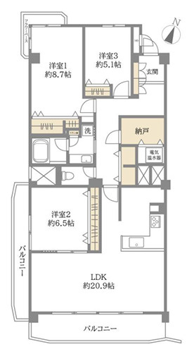 芦屋パークマンションB棟の間取り|専有面積約104.47㎡、バルコニー面積約16.72㎡、3LDK