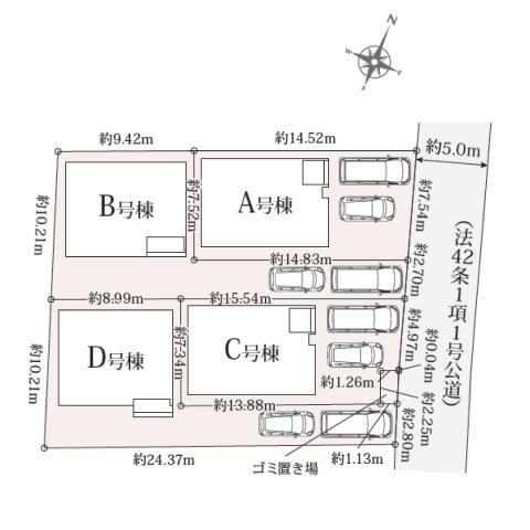 富士見市上沢１丁目の新築一戸建の区画図|全棟カースペースは２台分！セカンドカーやお客さま用の駐車場としてお使いいただけます。
