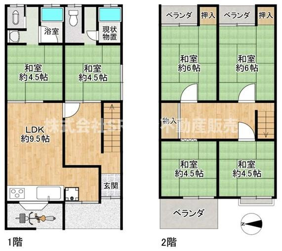瓜生堂1丁目中古テラスハウスの間取り|6LDKの間取りを活かした寮・社宅・倉庫などにいかがでしょうか♪