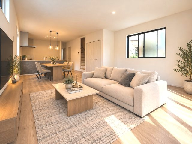 【居間・リビング】 | 福岡市南区桧原1丁目2期　1号棟（全1棟）【仲介手数料無料・0円】 | 現地写真。家具・家電等はCGによる配置例です。物件には含まれません