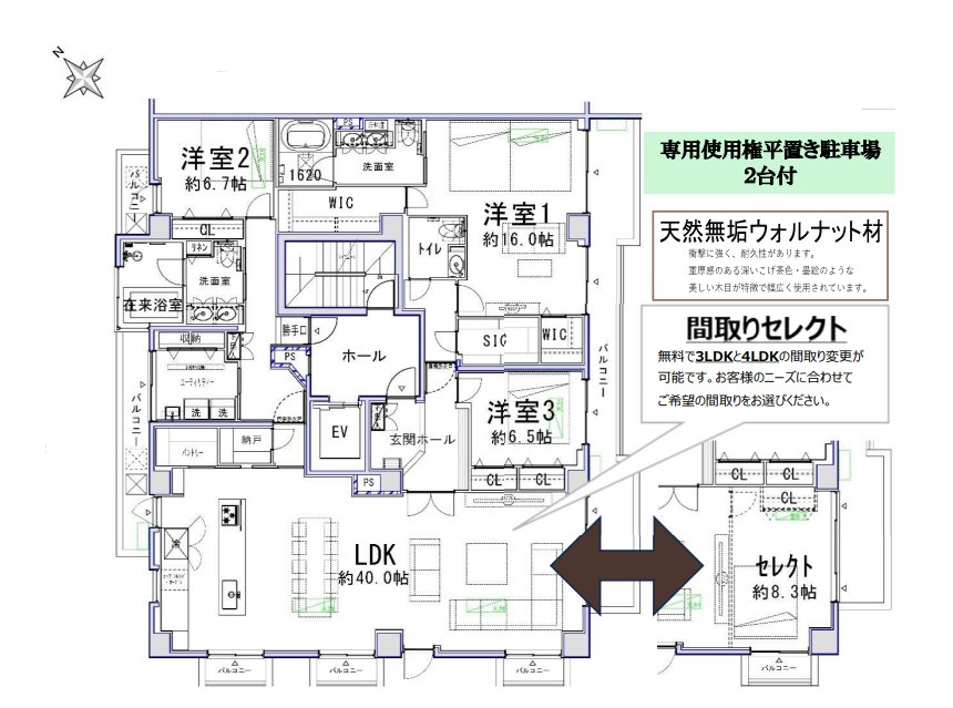 ＧＳハイム南青山　２台分の屋内平置Ｐ専用使用権付　２ＢＡＴＨ　３ＷＣの間取り