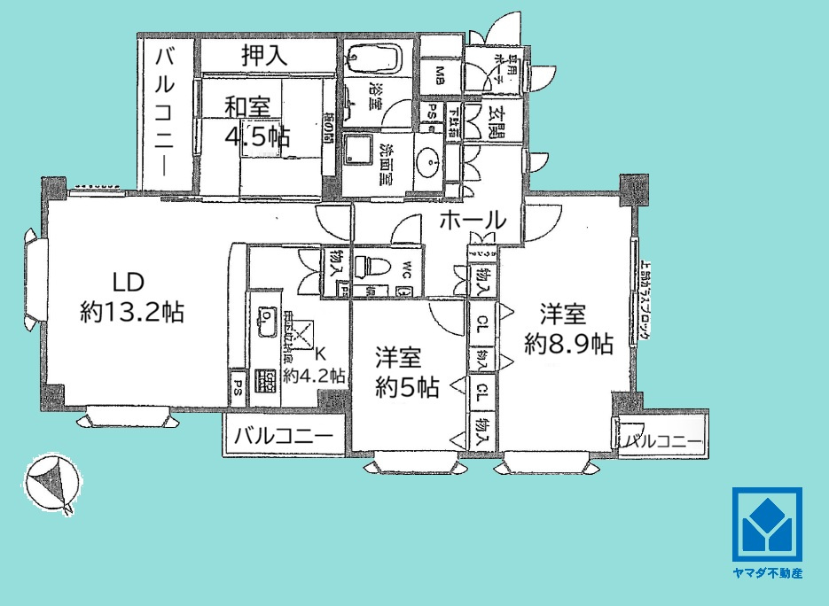 ファミール甲子園浦風町の間取り|3LDK、専有面積81.42平米、バルコニー面積7.83平米、4階建て1階部分の角部屋。
