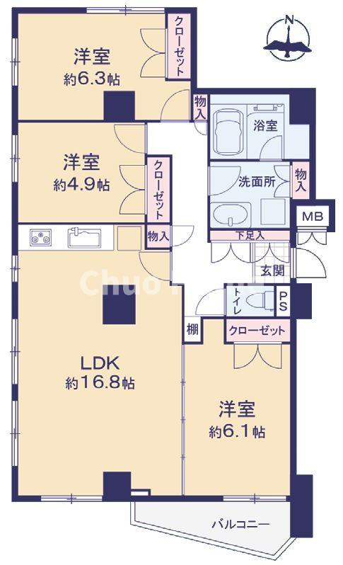 アーバンキャッスル江戸川駅前の間取り|南向き・3方角部屋住戸につきまして日当たり・通風良好。2022年4月にフルリノベーションをしたお部屋ですので室内は大変きれいな状態です。