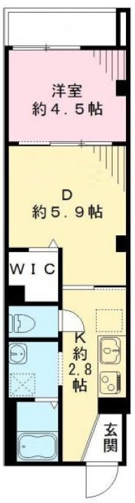 ルポリテの間取り|東向きバルコニーウォークインクローゼット付の1DKバストイレ別独立洗面台！