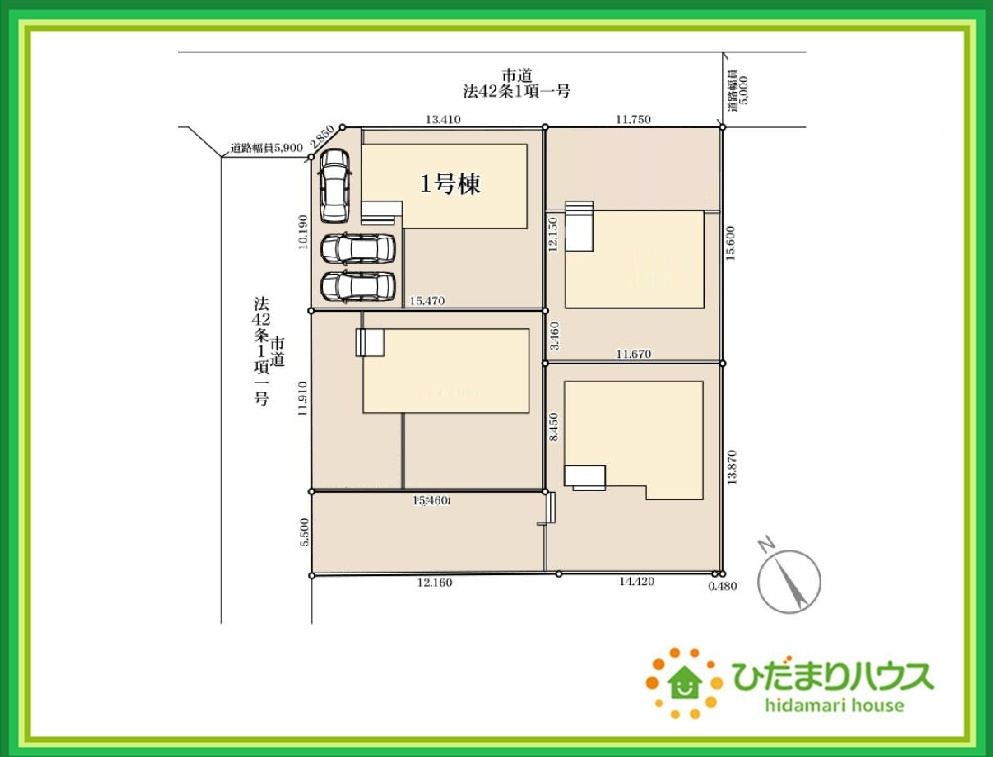 いわき市江名北口第2　新築戸建　1号棟の区画図|南西向きで日当たり良好(^^♪