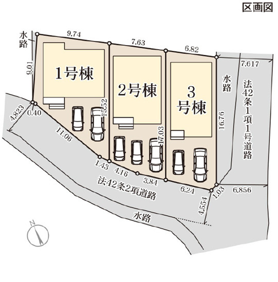 リーブルガーデン南城市大里稲嶺・３号棟の区画図|区画図／接道状況：南西側4.55ｍ里道・南東側6.85ｍ