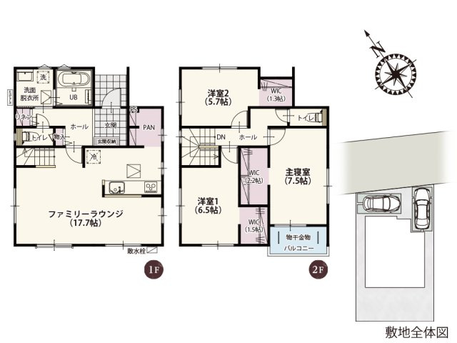 【間取り】 | ワイウッドコート久喜市青葉第7期　新築住宅 | ゆとりのある収納スペースが魅力的なお片付け上手の家。キッチンにはパントリー、2階の各居室にはWIC付