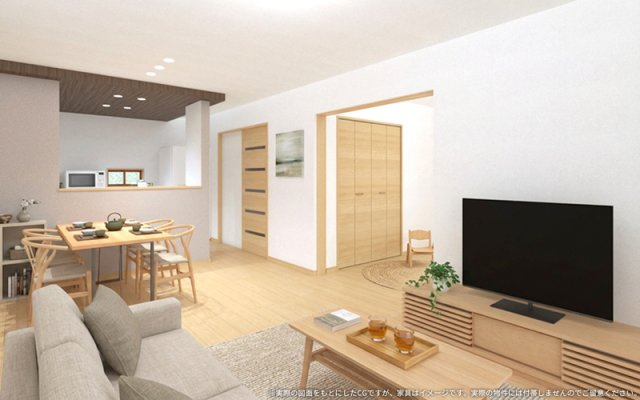 【完成予想図】 | ワイウッドコート東松山市松山町第1期　新築住宅 | 【LDK　イメージパース】
※画像は設計図面を基に作成したイメージです。