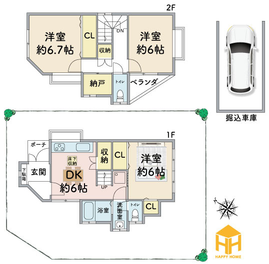 西宮市新甲陽町中古戸建│3SDK+駐車1台可（堀込車庫）の間取り|※図面と現況が異なる場合は、現況を優先します。