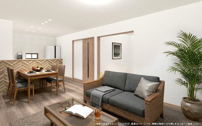 【完成予想図】 | ワイウッドコート東松山市石橋第1期　新築住宅 | 【LDK　イメージパース】
※画像は設計図面を基に作成したイメージです。