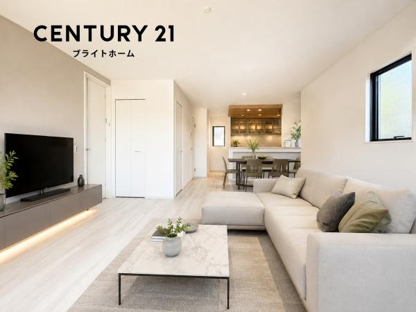 横浜市神奈川区菅田町の新築一戸建の居間・リビング|自慢したくなるリビング！
形も良く家具の配置にも困りません。
※家具等はＣＧでの参考レイアウトです。