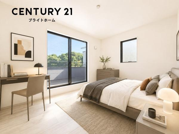 横浜市神奈川区菅田町の新築一戸建の洋室|二面採光の明るく、落ち着きのある洋室！
休日はこちらでおくつろぎ下さい♪
※家具等はCGでの参考レイアウトです。
