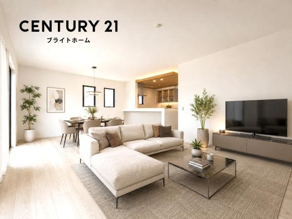 横浜市神奈川区菅田町の新築一戸建の居間・リビング|窓からは明るい光が差し込みます！
電気をつけなくても明るいです。
※家具等はCGでの参考レイアウトです。