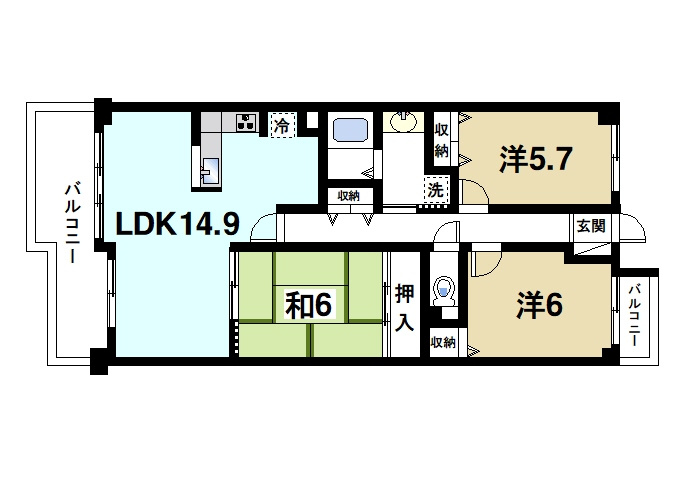 セントポリア生駒Ｈの間取り|3LDKの間取りです