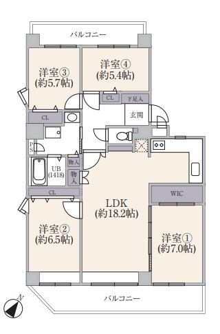 【間取り】 | パストラルハイム六本松 | 2面バルコニー4LDKの間取り。広々93.85平米はファミリー世帯にぴったりです