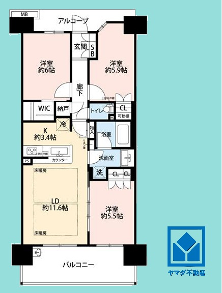 クラッシィハウス尼崎ＧＲＡＮＤ　ＰＬＡＣＥの間取り|3LDK、専有面積71平米、バルコニー面積12.2平米、アルコーブ6.18平米、15階建て6階部分。2022年1月建築。