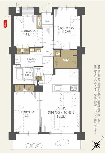 メゾン聖ヶ丘　静岡市駿河区池田　9階の間取り|全居室収納に加え、ウォークインクローゼットを備えた3LDK。生活動線にも配慮された、使い勝手の良い間取りです。