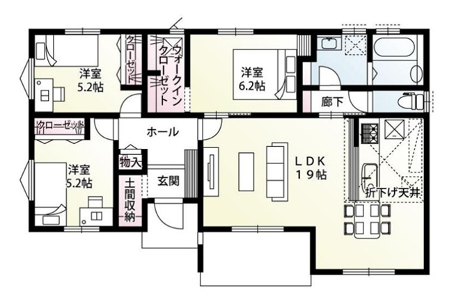 【間取り】 | 伊勢崎市三室町　平屋　新築住宅 | 19帖の広々としたLDKは、折下げ天井が空間にメリハリを生み出します。土間収納やWICなど収納が充実し、各居室も独立性が高く快適です。家族の暮らしやすさを追求した、機能的な設計が魅力です。