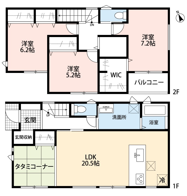 小牧市安田町　新築戸建　１号棟の間取り|南面のタタミコーナー付の広々LDK20.5帖！
ウォークインクローゼット有。土間収納あり♪
