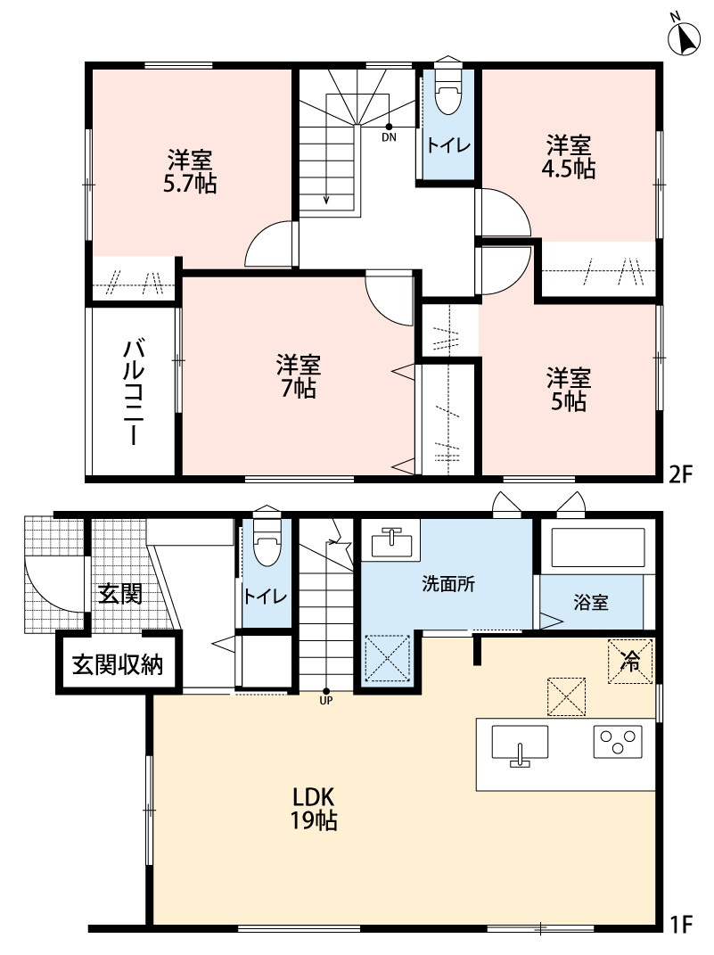 小牧市安田町　新築戸建　３号棟の間取り|広々LDK19帖！　４LDK。土間収納あり♪
インナーバルコニー。