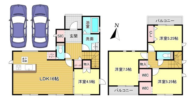 桜井市西之宮全2棟の間取り|1号棟　4LDK　土地面積:124.55ｍ2　建物面積:99.37ｍ2　駐車並列2台可能
