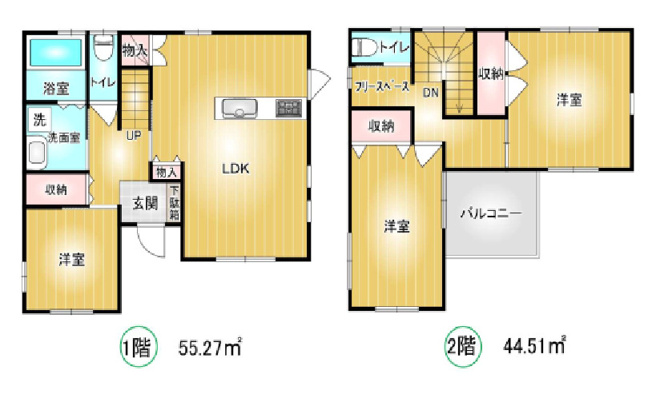 【間取り】 | 太田市由良町　中古戸建住宅 | 1階洋室、2階洋室の2室にフリースペースを配し、収納や物入が充実した使いやすい3LDKです。