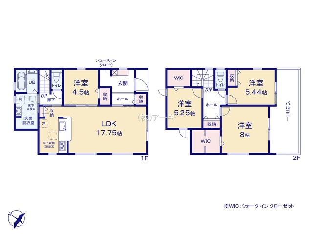 東海市養父町八王子60-2『仲介手数料無料』新築一戸建て・建売の間取り|　1号棟　1F:LDK17.75帖に隣接する洋室4.5帖はお子様の遊び場・奥様の家事室に便利！シューズクローク2F:主寝室8帖・洋室5.25帖　WIC設置！洋室5.44帖　CL設置♪ワイドバルコニー♪