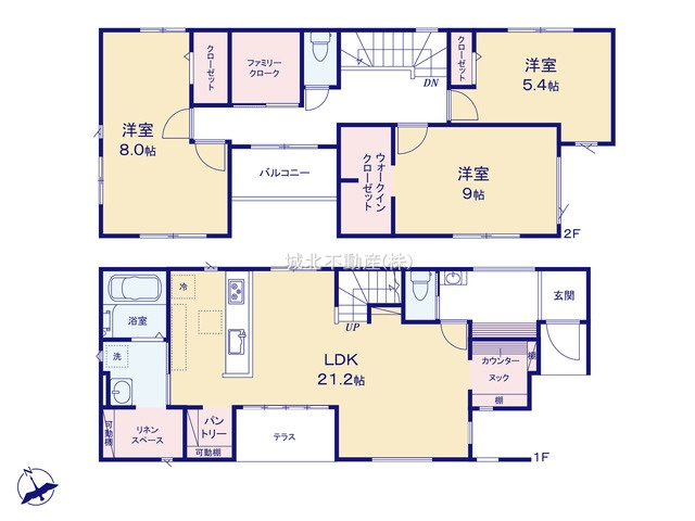 練馬区関町南1丁目 全2棟 1号棟の間取り|建物面積112.82㎡ 2階建て3LDK
広々した21.2帖のLDKの隣には多目的にお使いいただけるヌックもございます