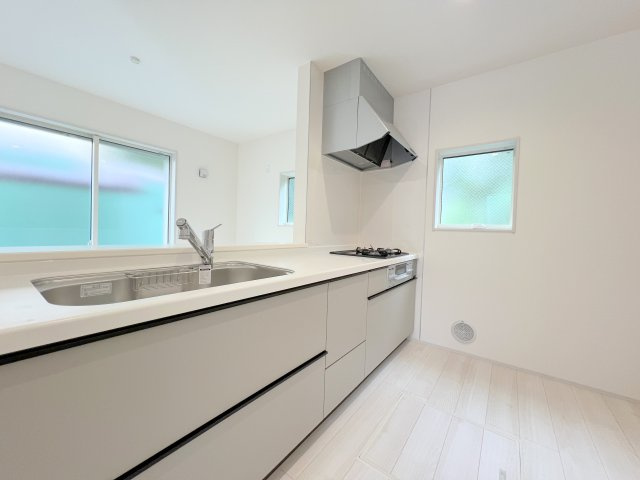 福生市熊川　新築戸建全2棟のキッチン|スライド収納付きシステムキッチン。パスタ鍋や圧力鍋の出し入れもスムーズ