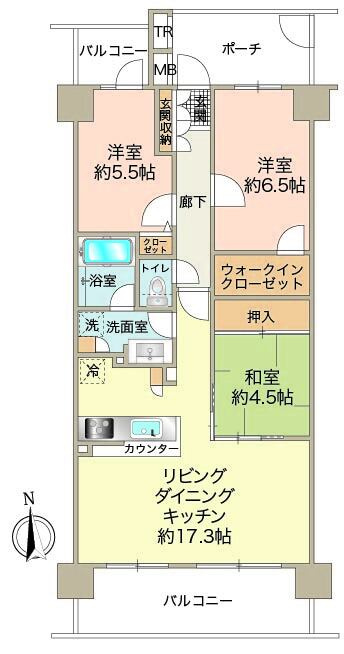 専有面積：75.97㎡　ポーチ面積：7.03㎡　間取：3LDKタイプ