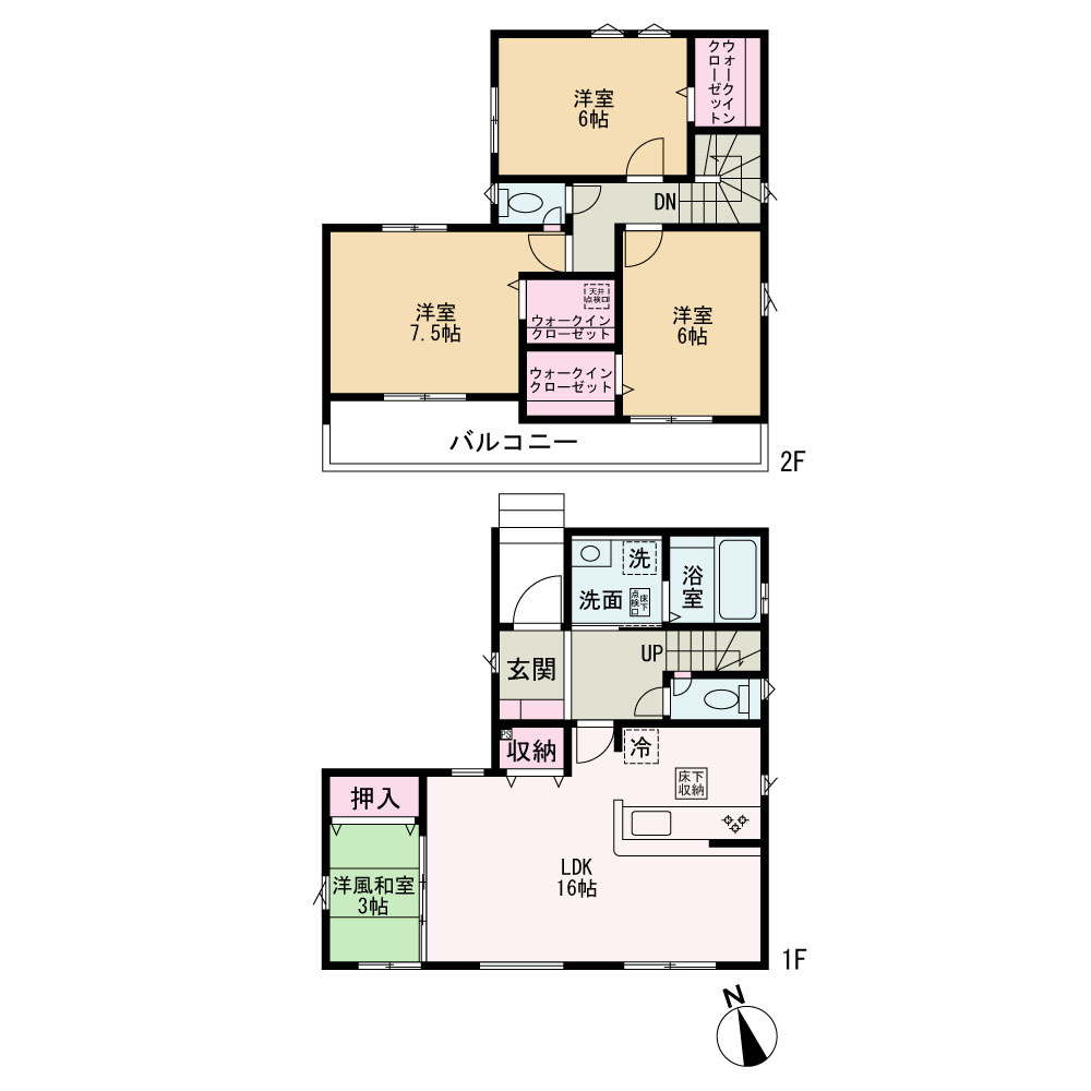 草加市花栗3期新築戸建住宅の間取り|4LDK 101.01㎡
2階全室にWIC 2部屋出入り可能なワイドバルコニー