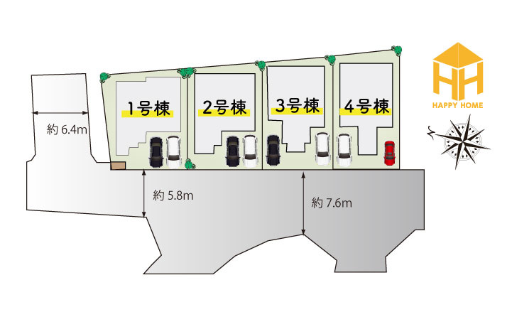 ブルーミングガーデン山本野里2丁目新築戸建て│3LDK+駐車2台可の区画図|全3区画の分譲地です。