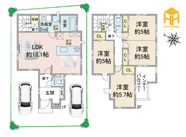 ブルーミングガーデン山本野里2丁目新築戸建て│3LDK+駐車2台可の間取り|※現況と図面が異なる場合現況を優先いたします。