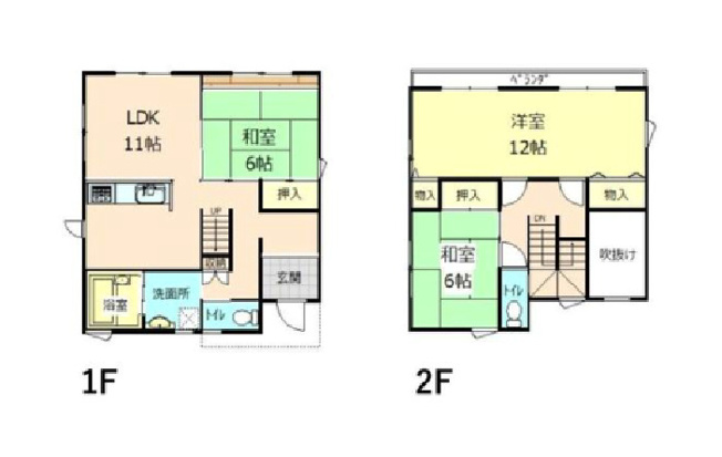 【間取り】 | 邑楽郡大泉町朝日3丁目　中古戸建住宅 | 11帖のLDKと2室の和室、12帖の広々とした洋室に開放的な吹抜けを備えた、リフォーム済みの3LDKです。