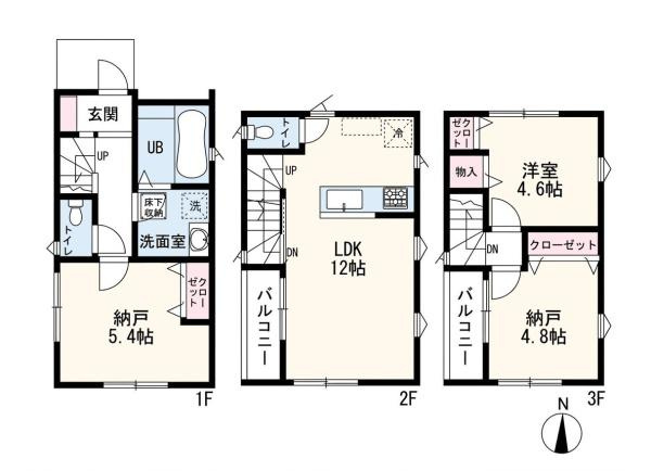 川崎市川崎区小田２丁目の新築一戸建の間取り|3階建ての間取りで各階に収納スペースが配置されています。2階には広々としたLDK12帖がありバルコニーも2箇所備えています。1階と3階に納戸や洋室があり生活スタイルに合わせた使い方が可能です。