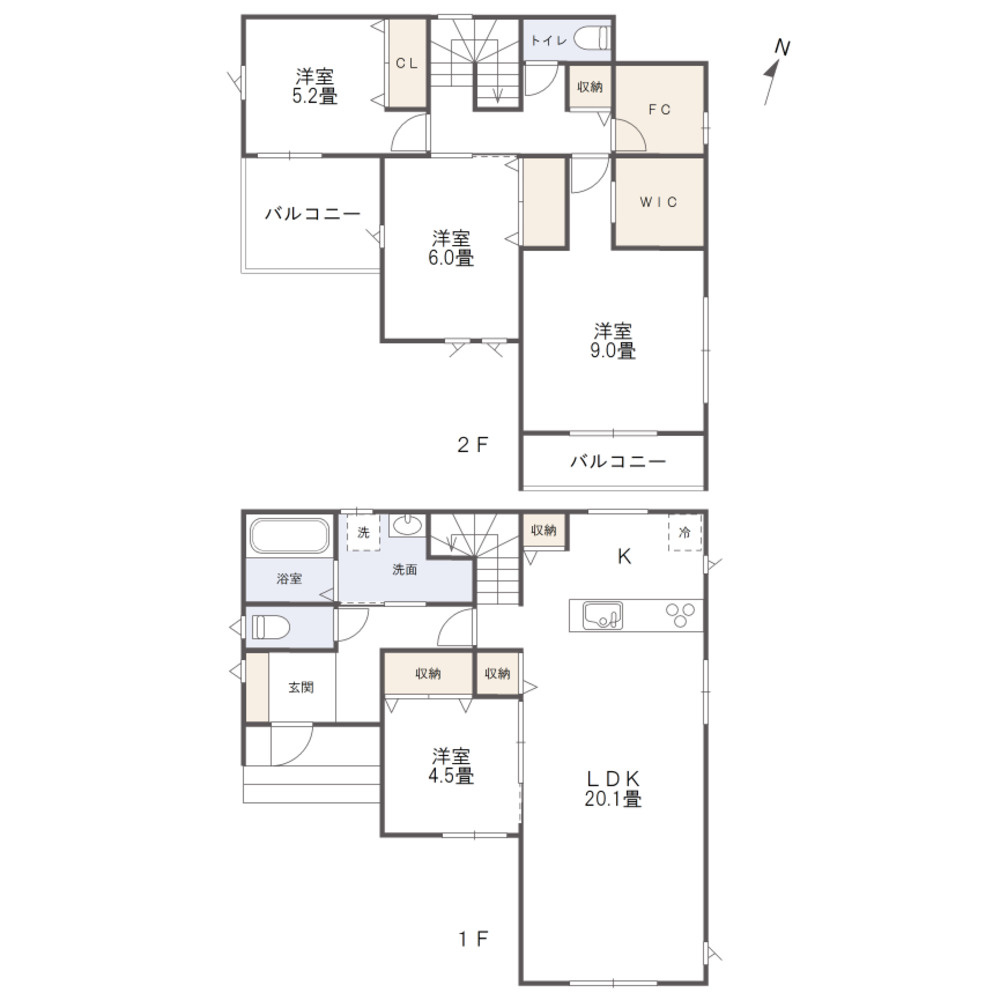 岡山市中区乙多見　戸建の間取り|土地面積：144.71㎡、建物面積：115.06㎡、4LDK＋WIC＋FCの間取です。
