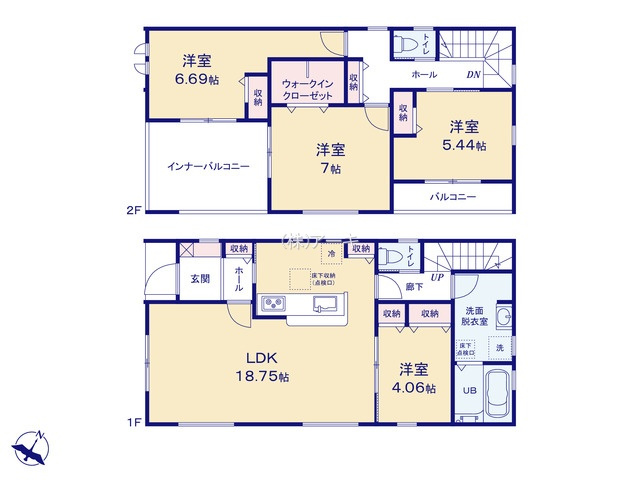 東海市養父町八王子60-2『仲介手数料無料』新築一戸建て・建売の間取り|　5号棟　1F:LDK18.75帖に隣接する洋室4.06帖はお子様の遊び場・奥様の家事室に便利！ゆとりの洗面室♪2F:主寝室7帖　WIC設置！洋室6.69帖・洋室5.44帖　CL設置♪インナーバルコニ