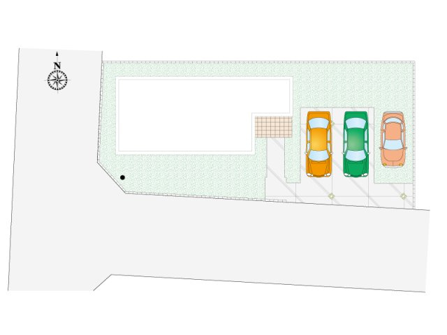【区画図・駐車場配置図】並列3台以上駐車可能です！南西角地の為、日当たりの良さと開放感を同時に享受できます♪