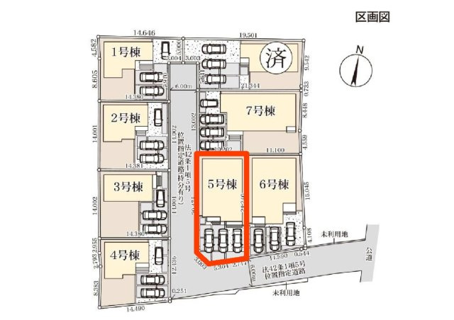 新築　児玉郡上里町七本木町第６　Livele Garden.S　5号棟の区画図|5号棟　区画図　南側接道幅員約6ｍ
