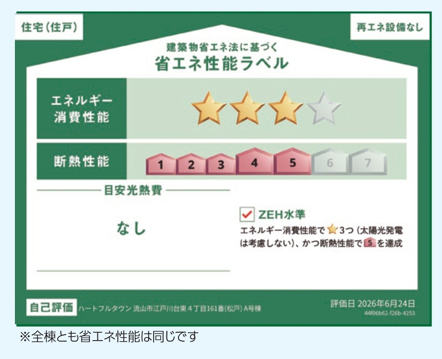 流山市江戸川台東４丁目新築戸建の省エネ性能ラベル|省エネ性能ラベル・ZEH水準