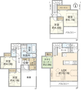 【6号棟（4LDK＋PAN＋土間収納＋タタミコーナー）】LDKには客間やお子様のプレイルームとしてご利用できる「タタミコーナー」を配置。玄関にはアウトドア用品等も収納可能な土間収納があります。