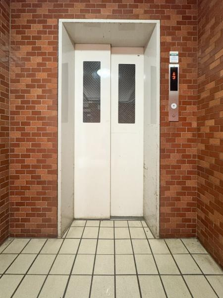 エメラルドマンション古国府のその他共用部分|レンガ調の壁が印象的なエレベーターです。シンプルなデザインで周囲と調和しています。ボタン操作盤も見やすい位置に設置されています。共用部として利用しやすい空間が広がっています。