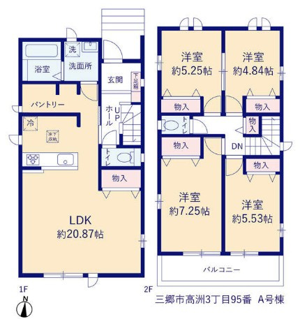 三郷市高州3丁目　新築戸建　全4棟　A号棟の間取り|食品や日用品をストックできる便利なパントリー付！