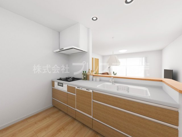 生駒市谷田町の新築一戸建 全５区画のキッチン|イ号地キッチン完成イメージ／人気の対面キッチン♪食器洗い乾燥機＆浄水器を標準装備！