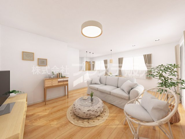 生駒市谷田町の新築一戸建 全５区画の居間・リビング|ハ号地リビング完成イメージ／ＬＤＫは広々17.7帖プラン！南向きですので、陽あたり良好です♪