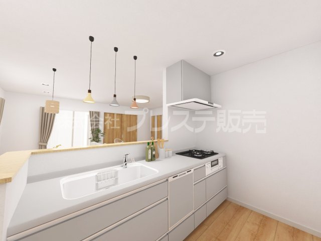 生駒市谷田町の新築一戸建 全５区画のキッチン|ハ号地キッチン完成イメージ／人気の対面キッチン♪食器洗い乾燥機＆浄水器を標準装備！