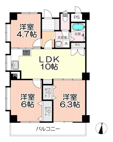 レガパレス椿峰の間取り|4階建て3階部分・ファミリータイプの3LDK！
